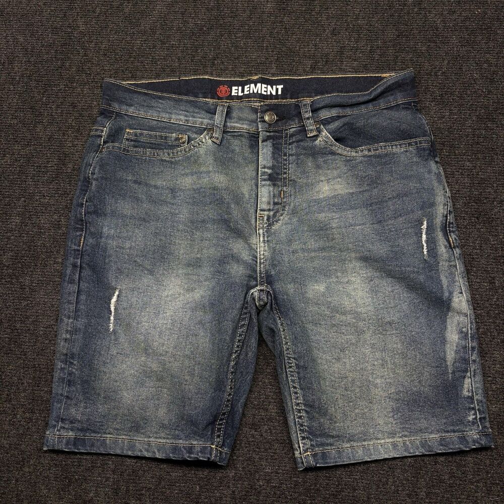 Element Mens Distressed Denim Shorts Jean Jorts Blue Stretch Skate Size 33 34